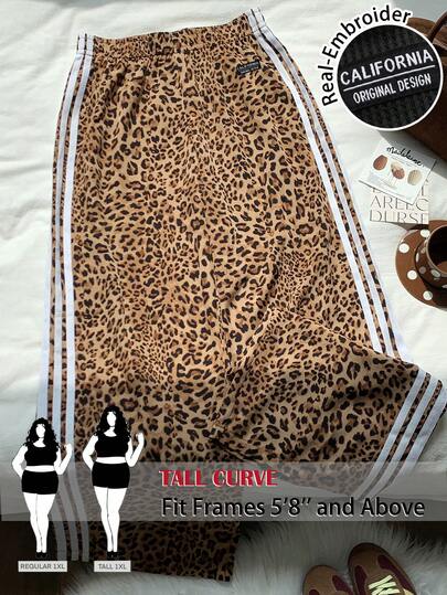 SHEIN Tall CURVE 大码女式豹纹侧条纹休闲阔腿裤