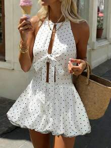 INAWLY Women's White With Black Polka Dots Boho Halter Polka Dot Mini A Line Dress With Shirred Details Sleeveless Flared Hem Holiday Holiday Vacation Summer - White - View 3