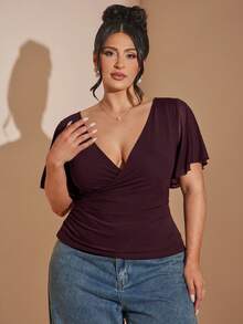 SHEIN BAE Große Größen V-Ausschnitt Kreuz-Design elegantes Sommer Mesh Top für Frauen, geraffte Taille Kurven Lässig für Date Night, Party, Urlaub, Y2k - Rot-violett - Übersicht 7