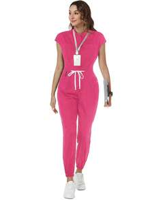 TaskEZ Quần yếm dài nữ kiểu dáng tối giản, có túi và dây rút ở eo. - Màu Hồng Tươi - Xem 3