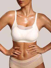 Barelissa Women's Solid Color Mesh Patchwork Fashionable Minimalist Durable Comfortable Underwear (Removable Padding) - White - View 3