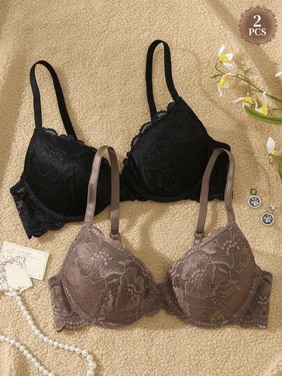 Set de 2 sujetadores con encaje romántico, con soporte, cómodos y con aros ajustables para dar elevación, de moda para mujeres