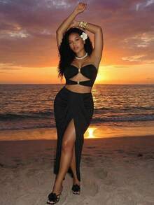 BamGleam 女士性感镂空金属扣两件套，夏季 - 黑色 - 查看 4