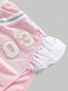 ROMWE J-Fashion Plus Size Y2K Millennium Number Rhinestone Decor Sports Shorts - Pink - View 4