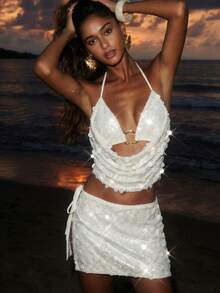 两件套女士夏季纯色亮片深V领金属扣装饰上衣和美人鱼裙套装，优雅修身连衣裙，适合假日/婚礼/度假/性感/夜店、音乐会、情人节等场合。 - 白色 - 查看 2