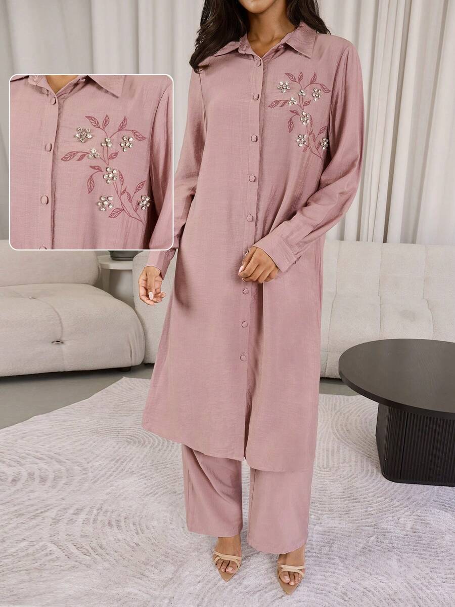 Al Najma Women's Rhinestone Decor Floral Embroidery Long Sleeve Button-Up Shirt And Pants Arabic Style Outfit Women Suit Set Blouse And Pants Set Modest Two Piece Set Modest Sets For Women Embroidered Pant Set