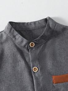 SHEIN Mirajuku 1件青少年男童立领纯蓝色休闲短袖衬衫，适合春夏穿着，百搭实用 - 灰色 - 查看 6