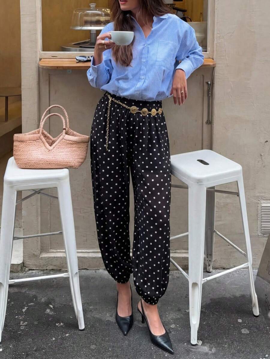 MainGRL Pantalones de gasa con lunares de estilo vanguardista, dulce y picante, de moda, apropiados para festivales de música, ocasiones dulces y picantes, salidas, citas, uso casual diario - Blanco y Negro - Ver 1