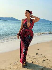 Sunnyshic Große Größen Digital Muster Leopard & Paisley Muster Tiefer V-Ausschnitt Ärmelloses Kleid, geeignet für Dates, Urlaub, sexy Ausflüge, Singles Partys, Abendveranstaltungen, Strand & Inselausflüge - Rot - Übersicht 4