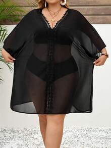 SHEIN CURVE+ Curve 尺码 US22 音乐节、海滨度假、波西米亚风女士度假纯色撞色蕾丝蝙蝠袖连衣裙 - 黑色 - 查看 6