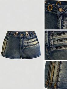 ROMWE Grunge Punk Pantalones cortos de mezclilla súper cortos con decoración de metal vintage punk para mujer de talla grande - Azul - Ver 1