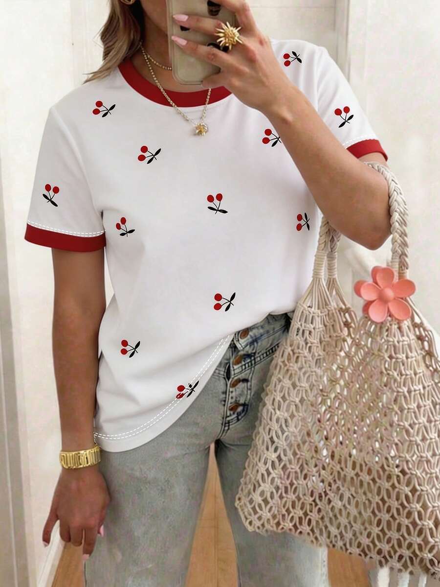 EMERY ROSE 女士水果图案短袖T恤,休闲户外服,可爱T恤,家居服 - 彩色 - 查看 1