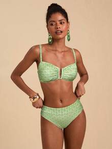 Travachic Set Pakaian Renang Wanita untuk Liburan Pantai dengan Motif Cetak Seluruh Permukaan, Bikini Musim Panas - Mint Green - View 5