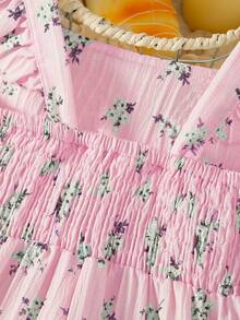 SHEIN Playful Pals 少女复古休闲修身独特碎花连体裤 - 适合夏季户外活动和上学穿着 - 粉色 - 查看 7