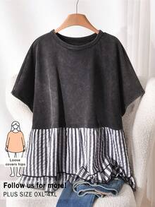 CosyJoli Plus Size Women Casual Batwing Sleeve Loose Top, Casual Women Short Sleeve T-Shirt, Patchwork Doll Tee, Women Casual Clothing Spring/Summer Casual Vacation T-Shirt - Black - View 3