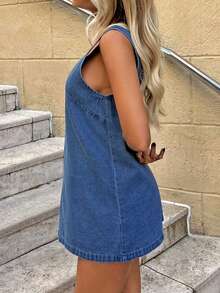 Forever 21 牛仔 V 领无袖连衣裙 - 藍色 - 查看 4