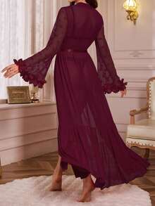 SHEIN 女士深V领系腰休闲家居服睡袍 - 酒紅色 - 查看 2
