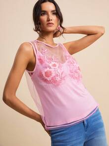 LOTSLUV Áo nữ màu hồng xuyên thấu cổ tròn không tay dáng rộng và áo hai dây màu hồng cánh sen, thích hợp cho mùa xuân/hè. - Màu Hồng baby - Xem 1