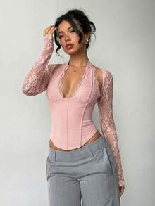 Aloruh 女士优雅淡粉色蕾丝拼接镂空长袖紧身衬衫，性感约会之夜夏季迷人派对上衣 - 淺粉色 - 查看 6