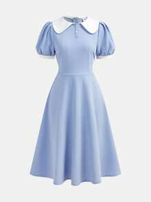 SHEIN Pitira Teen Girl & Teen Girls' Spring/Summer/Autumn Blue Knit Collared Button Contrast Color Waist Fit & Flare Dress, Elegant & - Blue and White - View 5