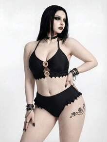ROMWE Goth Plus Size Women Metal Decor Bikini And Triangle Briefs Swimwear Set - Black - View 2