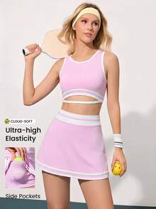 CourtClass CourtClass Conjunto de tenis para mujer, conjunto rosa, traje deportivo de cintura alta estilizante, 2 piezas de ropa deportiva casual y falda de fitness - Rosa - Ver 1
