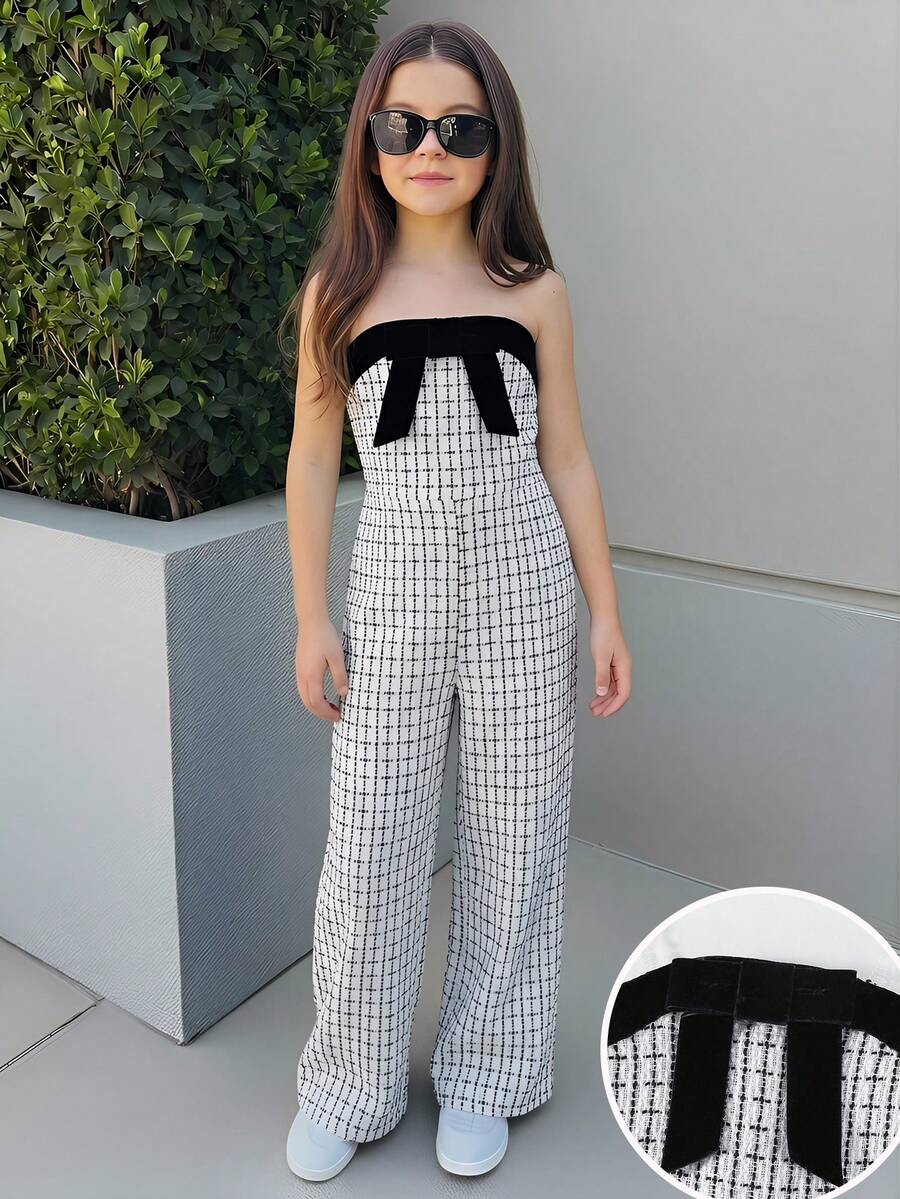 SHEIN Girls' Plaid Jumpsuit With Cute Bow Collar, Suitable For Spring And Autumn - Red and White - View 1