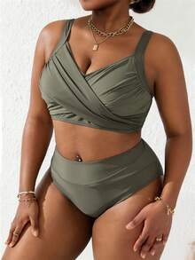 Slaydiva Plus Size Women 2pcs Military Green Splice Ruched Tankini Swimwear Set, Summer Beach Holiday - Army Green - View 5