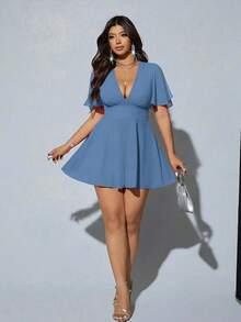 Viva Relle Plus Size Elegant Solid Color V-Neck Ruffle Trim Jumpsuit, Summer - Blue - View 3