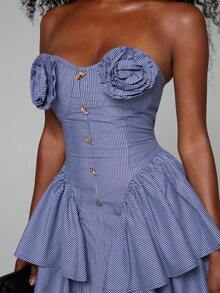 NYA SZN Đầm dáng midi với họa tiết hoa và hàng cúc phía trước. - Màu xanh lam - Xem 5