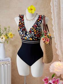 SHEIN Swim Lushore Bañador una pieza con estampado floral de malla en contraste - Multicolor - Ver 5
