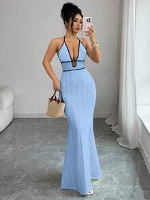 Rafferiza 女士纹理紧身吊带连衣裙，性感度假/约会之夜装扮，黑色滚边，春夏款 - 藍色 - 查看 7