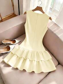 Qadelle Đầm không tay kiểu Pháp thanh lịch, đầm ngắn không tay màu đỏ đính nơ, thích hợp cho đi chơi hàng ngày, hẹn hò, du lịch. - Màu be - Xem 2