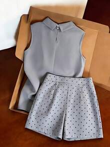 SHEIN Franclia Bộ 2 món gồm áo hai dây cổ buộc và quần short chấm bi tối giản dành cho nữ. - Xám - Xem 2