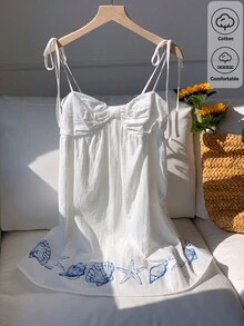 Comfortcana 春夏新款女士棉质纯色海洋生物吊带蝴蝶结迷你连衣裙，适合海滩度假/音乐节/日常通勤/居家休闲/舒适穿着 - 白色 - 查看 6