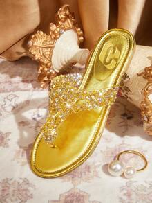 CUCCOO TILAWA Sandal Wanita Modis dengan Hiasan Kristal dan Rhinestone, Cocok untuk Santai Sehari-hari, Pesta, Liburan Musim Semi, Paskah, Dansa, Hari Valentine, dan Musim Panas. - Emas - View 3