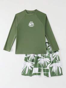 SHEIN 2pcs/Set Teen Boys' Swimwear,Olive Green Raglan Sleeve Top With Palm Tree Sunset Print And Matching Shorts,Fashionable Casual Summer Beach Holiday - Green - View 7