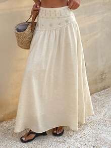 DAZY Rhinestone Embellished Loose Flared Skirt, Elegant Summer Holiday Dress For Women - Apricot - View 5