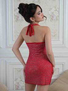 Criza Taa Vestido mini halter de malla y rhinestones sexy para mujer - Rojo - Ver 3
