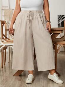 SHEIN CURVE+ 大码女式夏季宽松舒适休闲裤，七分裤，两件套，高腰阔腿裤，宽松舒适休闲裤 - 彩色 - 查看 4