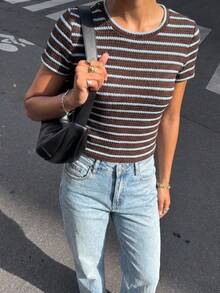 Serisse Women's Striped Crew Neck Short Sleeve Casual Versatile T-Shirt,Vintage Brown And Blue Striped Knit T-Shirt For Women, Summer New Slim Fit Short Sleeve Top, Versatile Commuting Casual Wear,Brown Top ,Casual Blouses For Women,Summer Tops - Multicolor - View 4