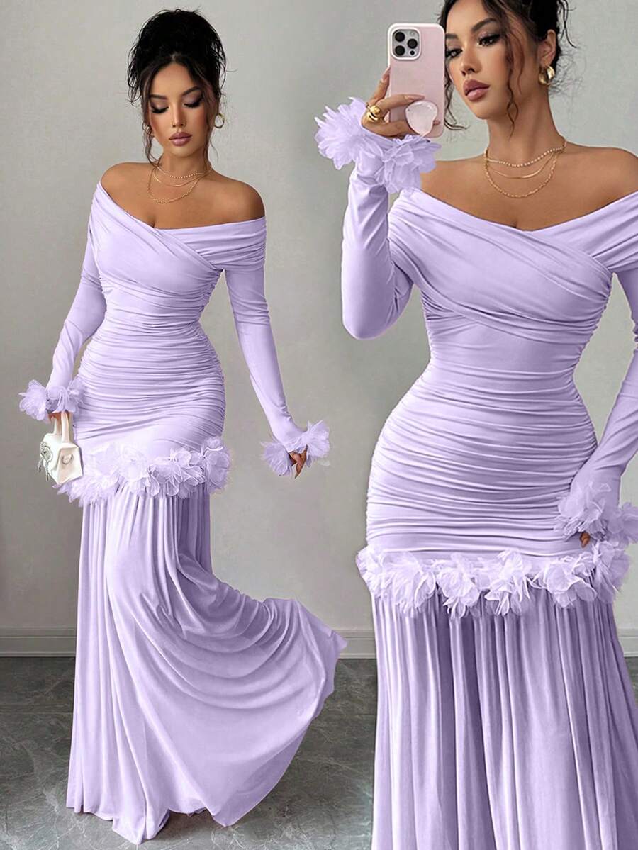 Elenzga New Arrival Spring/Autumn Elegant Romantic Solid Color Ruffle Decor Cross V-Neck Long Sleeve Pleated Fitted Mesh Patchwork Bodycon Dress For Women - Mauve Purple - View 1