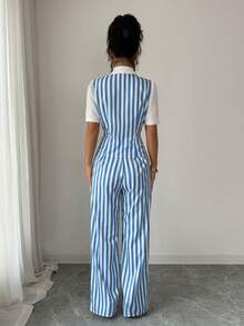 SHEIN Elenzya 优雅通勤及度假蓝白条纹衬衫+长裤两件套女装 - 藍白色 - 查看 2
