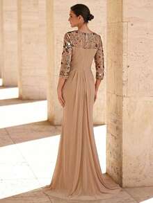 Serin Elegante y lujoso vestido de fiesta con aplicaciones de encaje con cuentas, empalme de malla elástica de punto, volantes y mangas transparentes, adecuado para bodas, fiestas, vacaciones, novia, madre de la novia - Champán - Ver 4