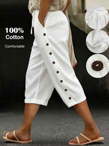 SHEIN LUNE CURVE Celana Panjang Wanita Ukuran Besar Motif Garis-Garis Linen Musim Semi/Panas Kasual Nyaman, Celana Capri untuk Pakaian Sehari-hari/Pantai dengan Hiasan Kancing - Putih - View 1