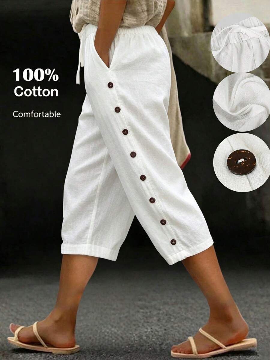 SHEIN LUNE CURVE Celana Panjang Wanita Ukuran Besar Motif Garis-Garis Linen Musim Semi/Panas Kasual Nyaman, Celana Capri untuk Pakaian Sehari-hari/Pantai dengan Hiasan Kancing - Putih - View 1