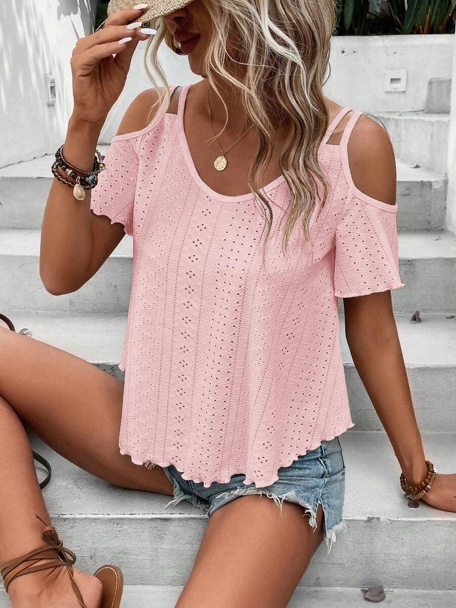 EMERY ROSE Women's Solid Color Minimalist Off-Shoulder T-Shirt, Casual Everyday Wear - Pink - View 1