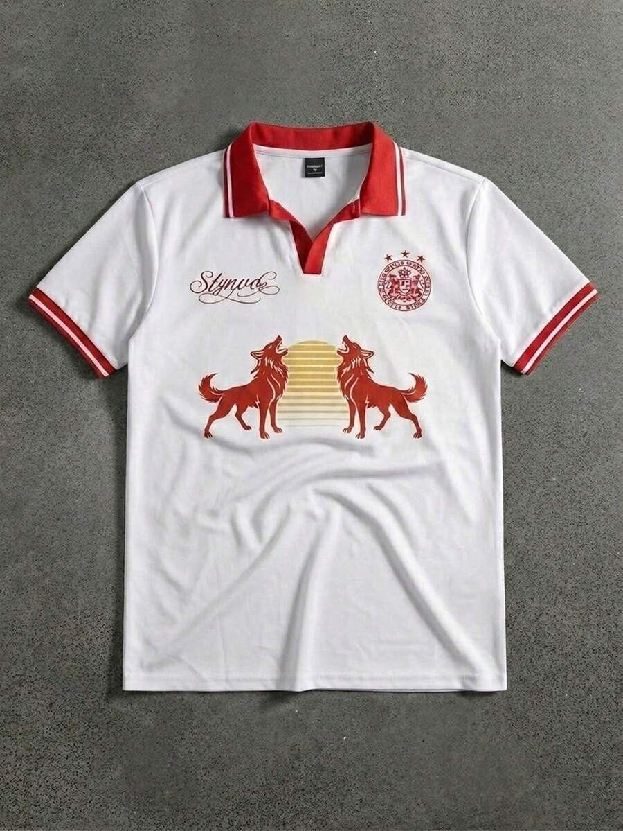 STYNVO Men's Wolf Print Short Sleeve Casual Commuter Polo Shirt - White - View 1