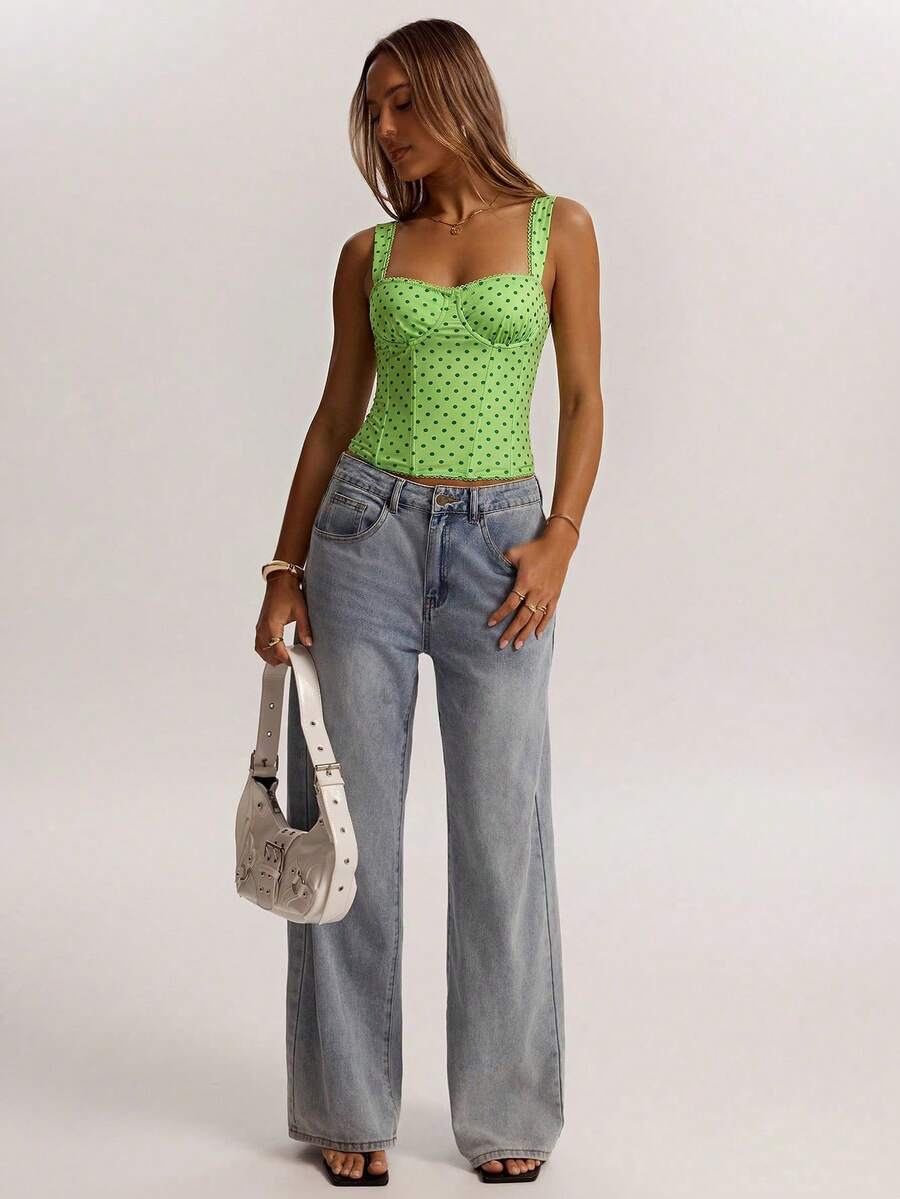 SHEIN BAE 女士约会之夜女友派对生日派对夜店装扮假日派对优雅黑色波点吊带背心，女友派对，约会，日常通勤束身衣，可爱束身衣，性感上衣夜店装，束身衣上衣，露肩上衣，夏季上衣，可爱上衣，女士夏季服装，束身衣上衣 - 橄欖綠 - 查看 1