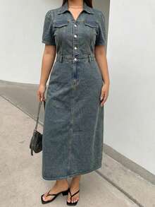 Dazy Plus Đầm maxi denim ngắn tay màu xanh đậm ôm sát, trang phục denim mùa hè. - Rửa trung bình - Xem 4